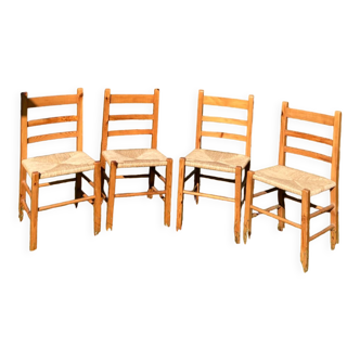 4 chaises paillées en pin vintage bois 1980 1990