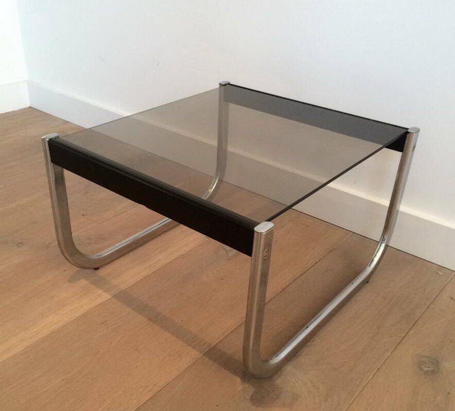 Pair of side tables in chrome, blackened wood and glass