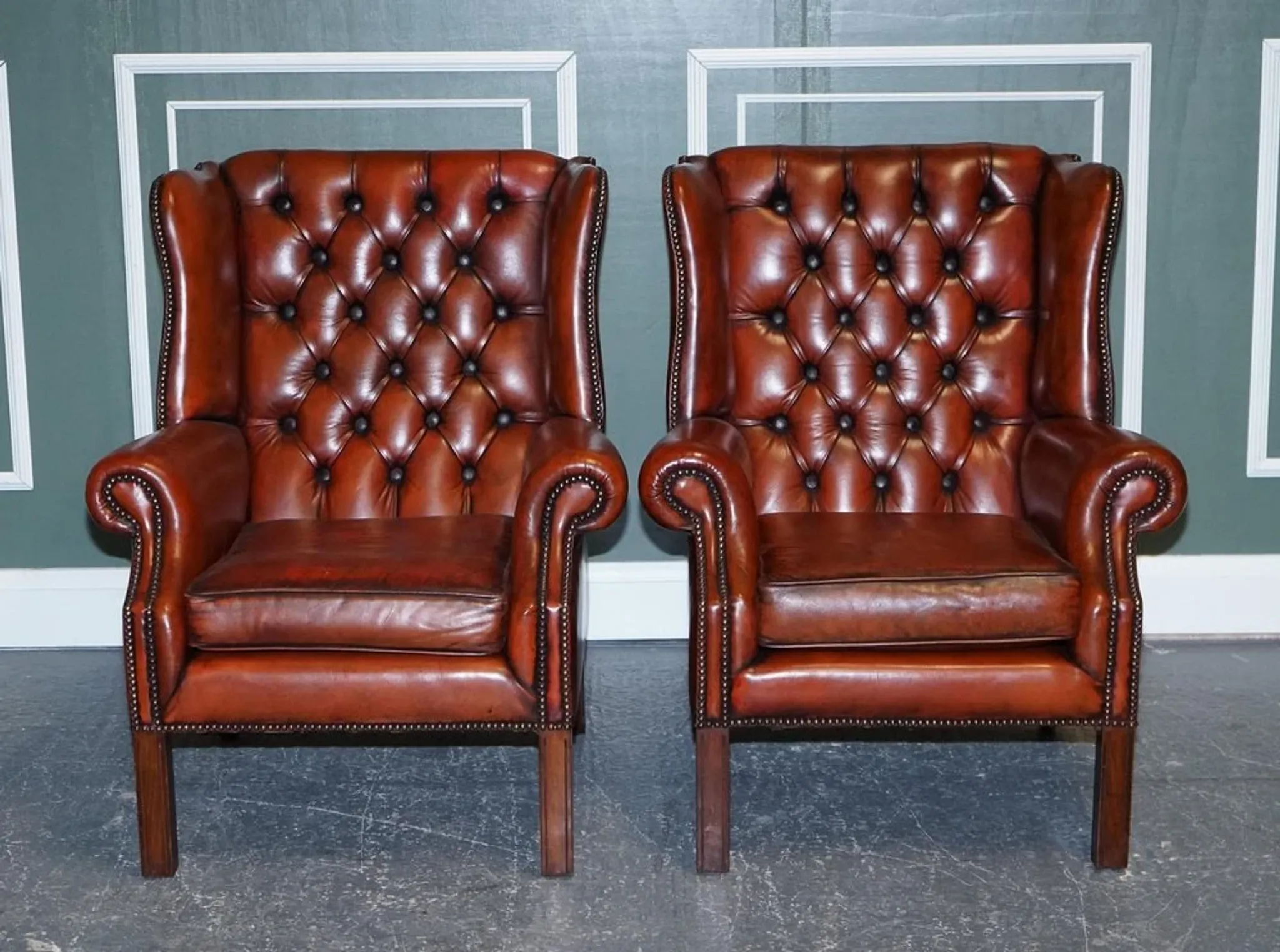 Brown Leather Hand-Dyed Wingback Chairs, Set of 2