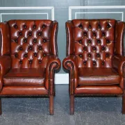 Brown Leather Hand-Dyed Wingback Chairs, Set of 2