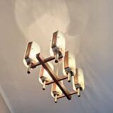 Brutalist chandelier in teak and art glass, Italy, 1960s