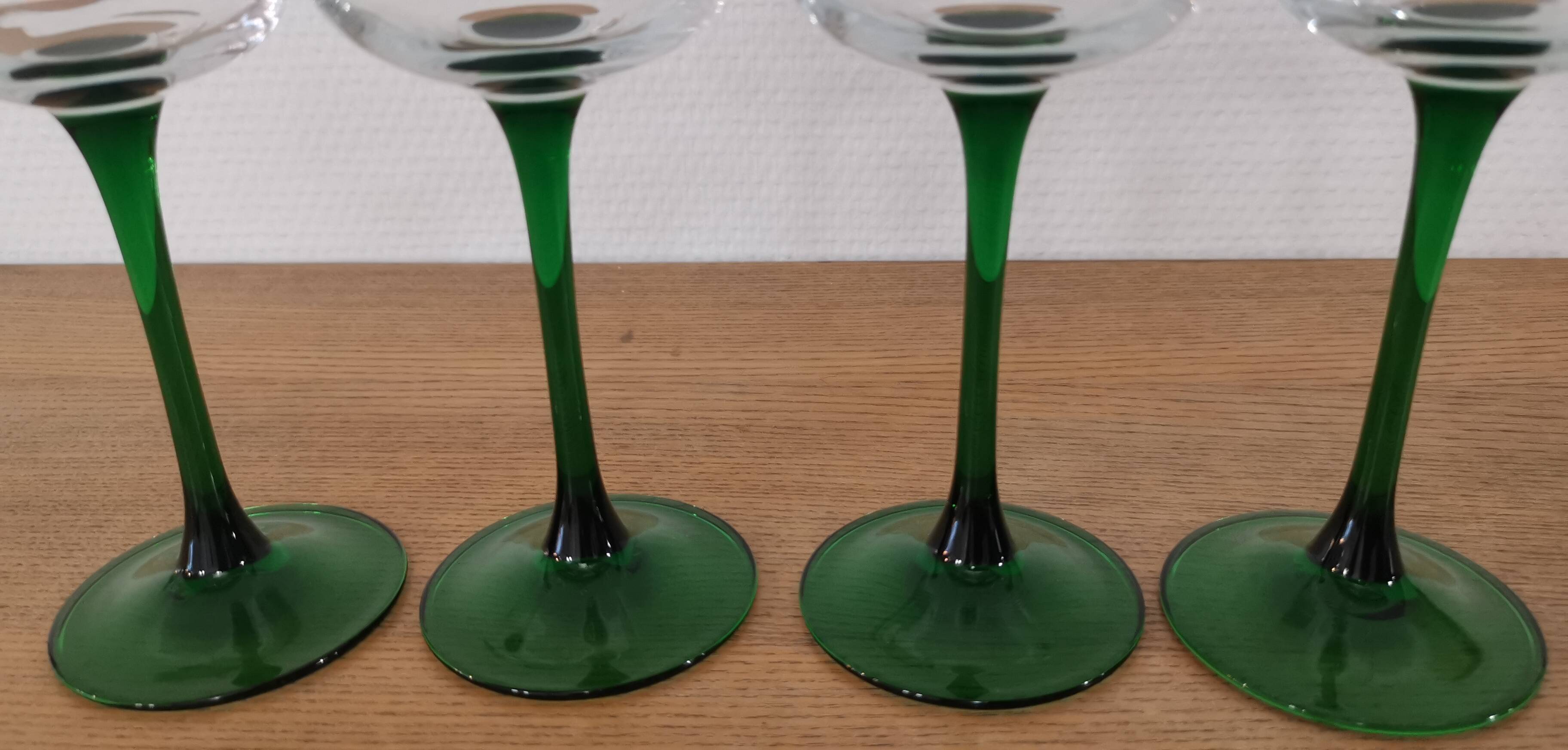 Set of 4 old Alsatian green stemmed wine glasses with vine decor engraved crystal arc