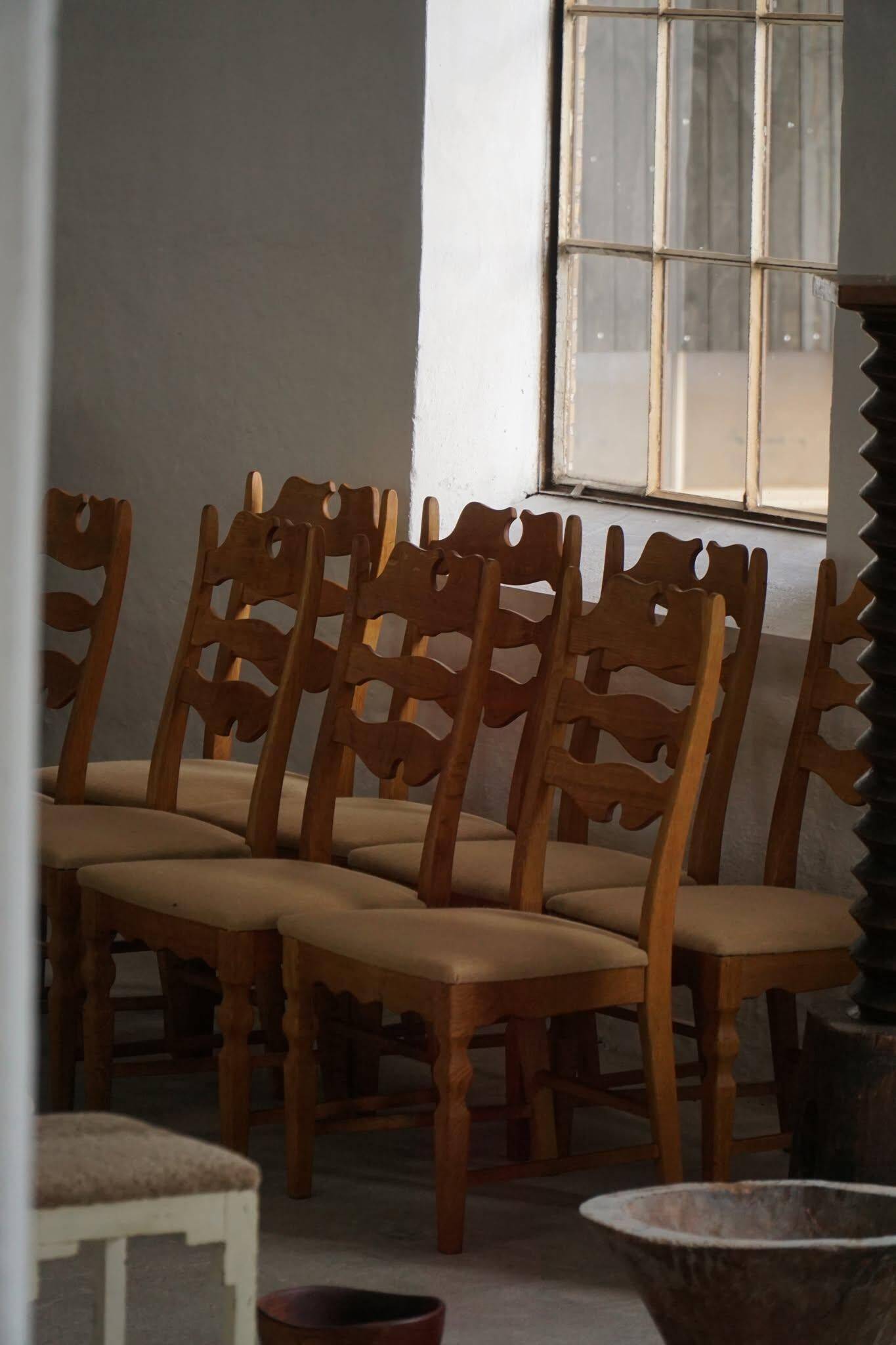 Set of 8 oak chairs with jute fabric, Henning Kjærnulf, mid-century Danish, 1960s.