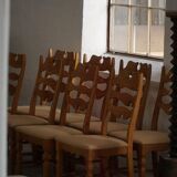 Set of 8 oak chairs with jute fabric, Henning Kjærnulf, mid-century Danish, 1960s.