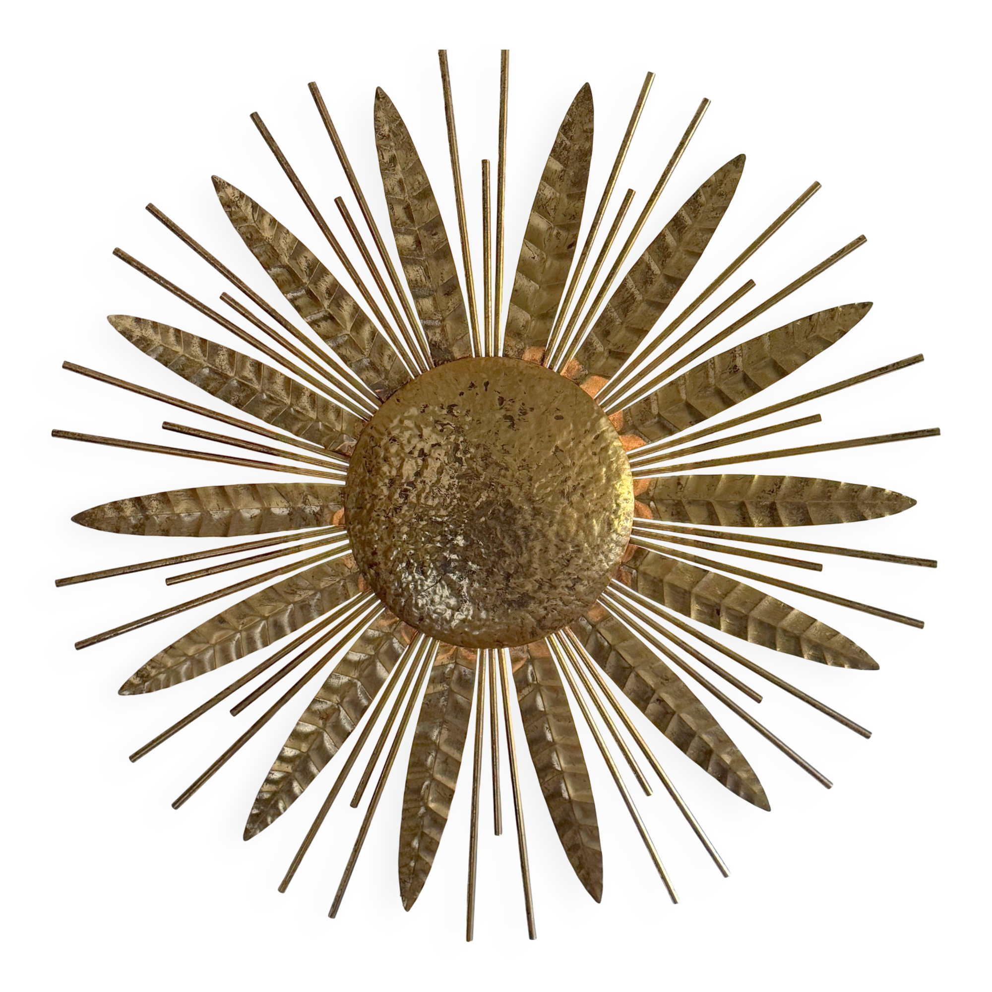 Large golden hammered metal sun wall light with a diameter of 90 cm from the year