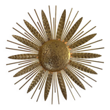 Large golden hammered metal sun wall light with a diameter of 90 cm from the year