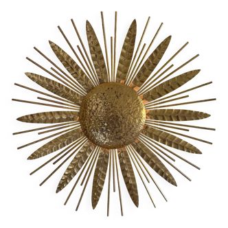 Large golden hammered metal sun wall light with a diameter of 90 cm from the year