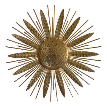 Large golden hammered metal sun wall light with a diameter of 90 cm from the year