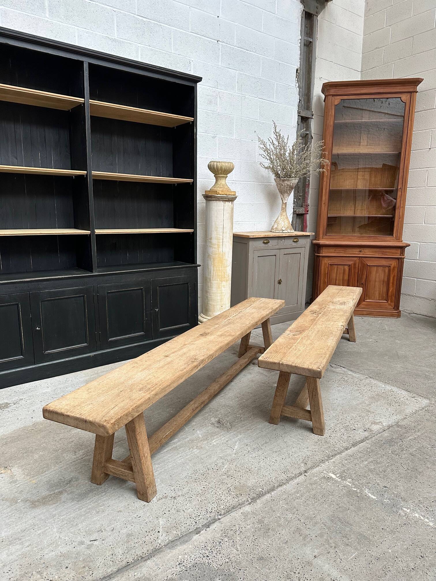 Pair of solid oak farm benches