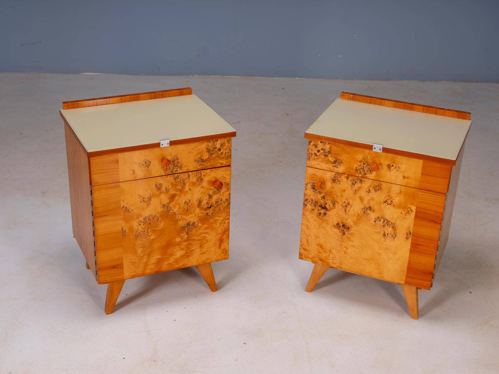 Pair of vintage Czechoslovak bedside cabinets with burl veneer, mid-century modern, 45 × 34 × 45 cm