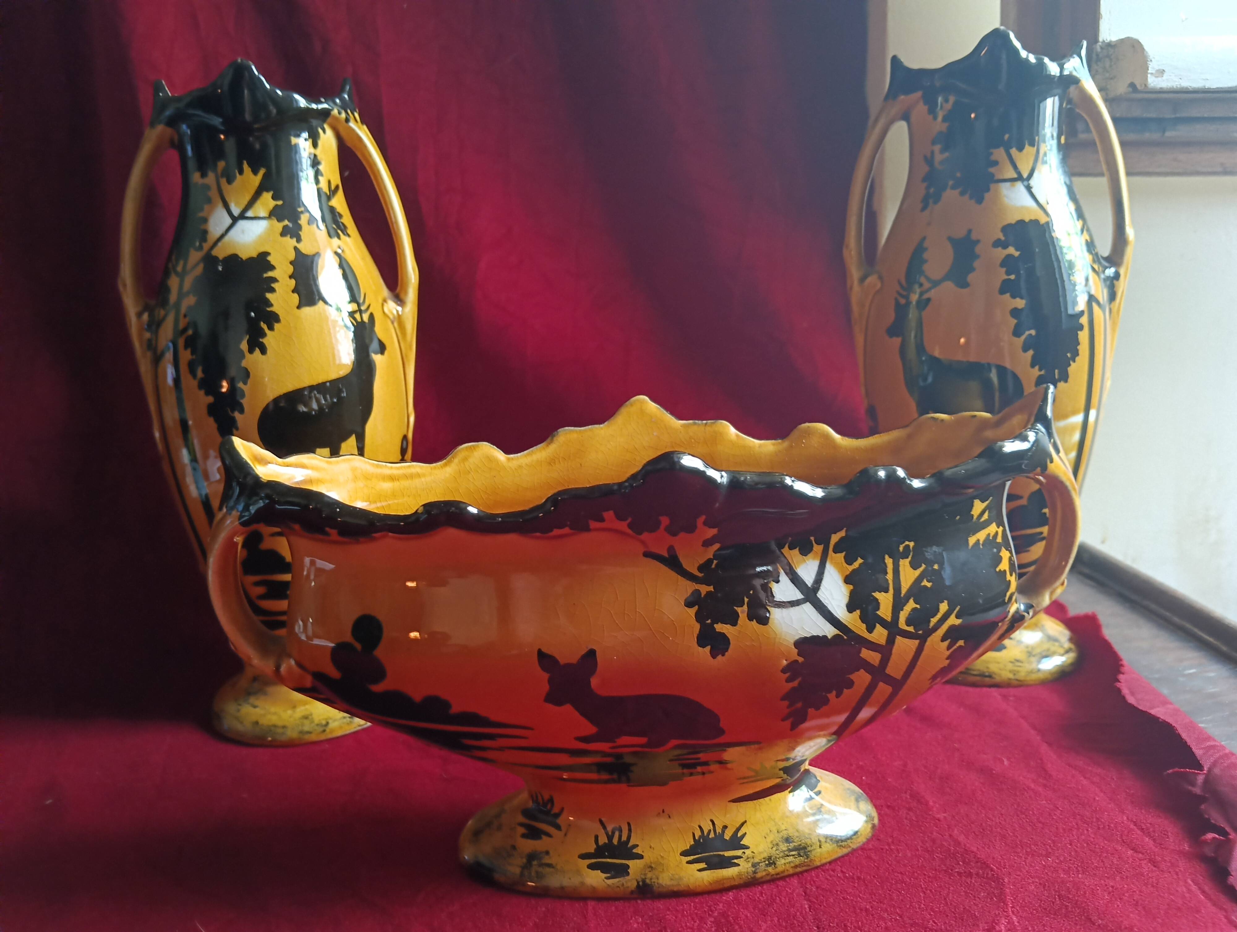 Art deco fireplace set in orchies faience (3 pieces)