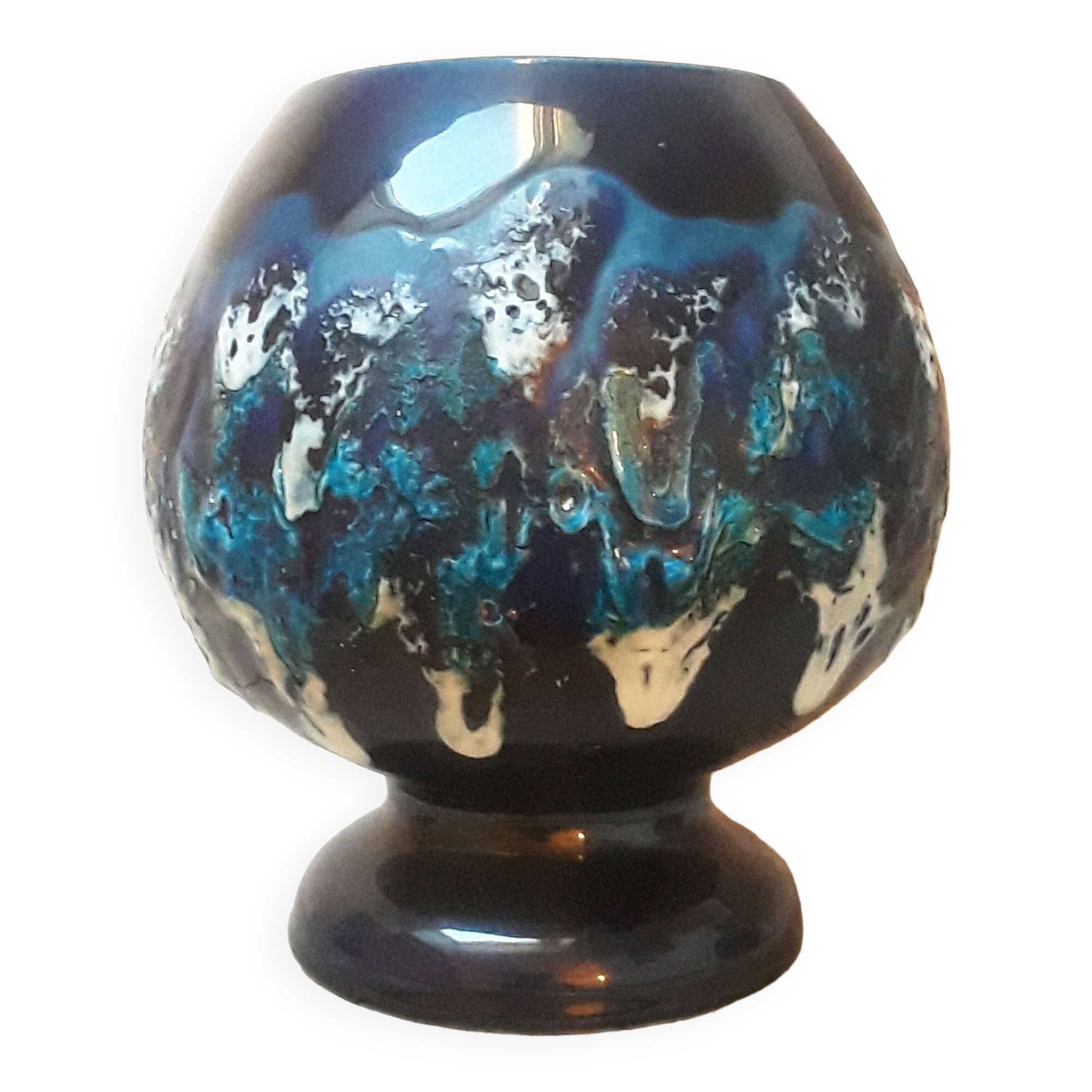 Vintage blue lava decor ceramic ball vase from the 1960s