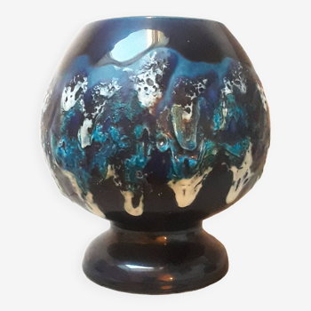 Vase boule en céramique décor lave bleu vintage années 1960
