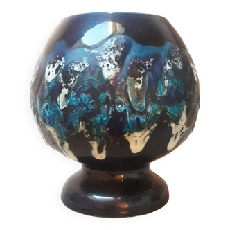 Vase boule en céramique décor lave bleu vintage années 1960