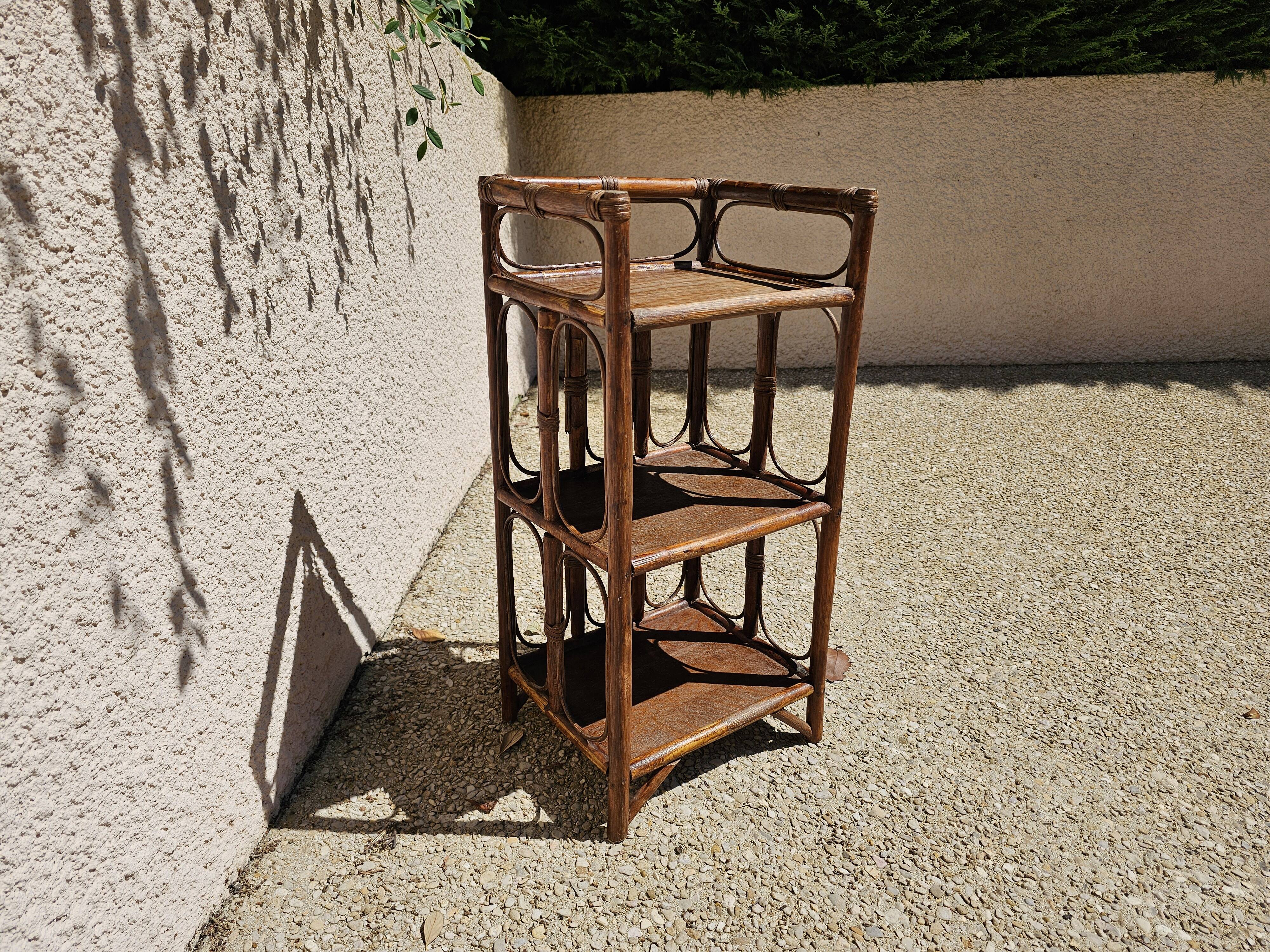 Vintage 3-Tier Bamboo and Rattan Shelf, 1960s