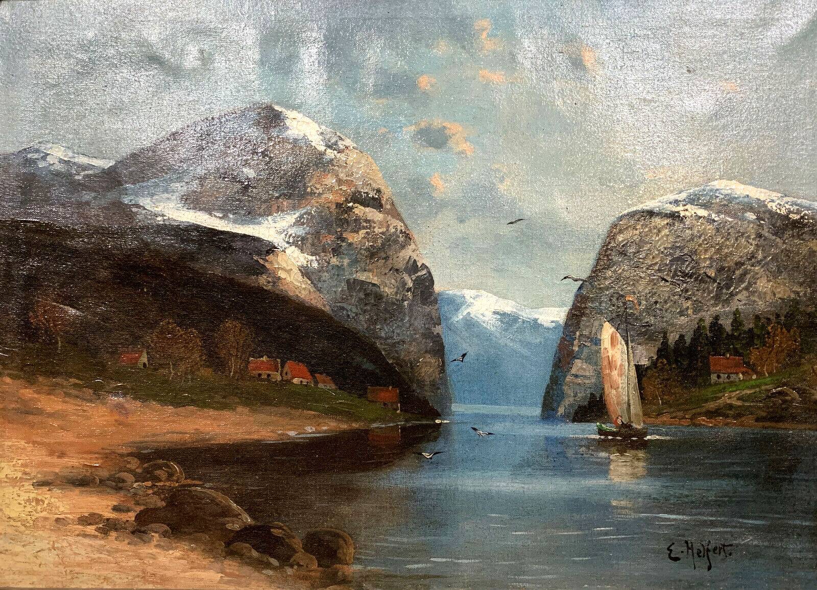 Willy Erik Helfert : grande huile sur toile paysage lacustre avec vue des alpes