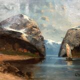 Willy Erik Helfert: large oil on canvas lake landscape with view of the Alps