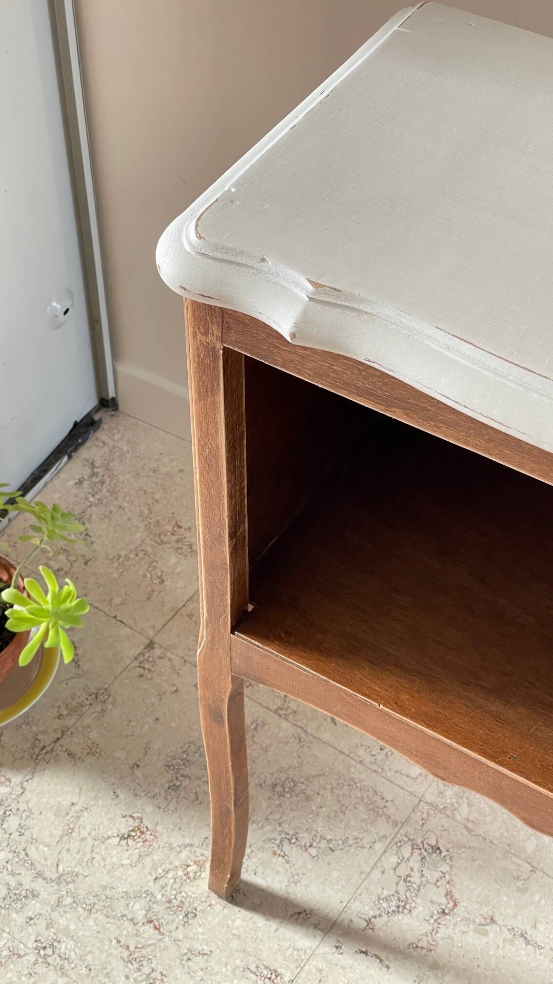 Vintage wood and white bedside table