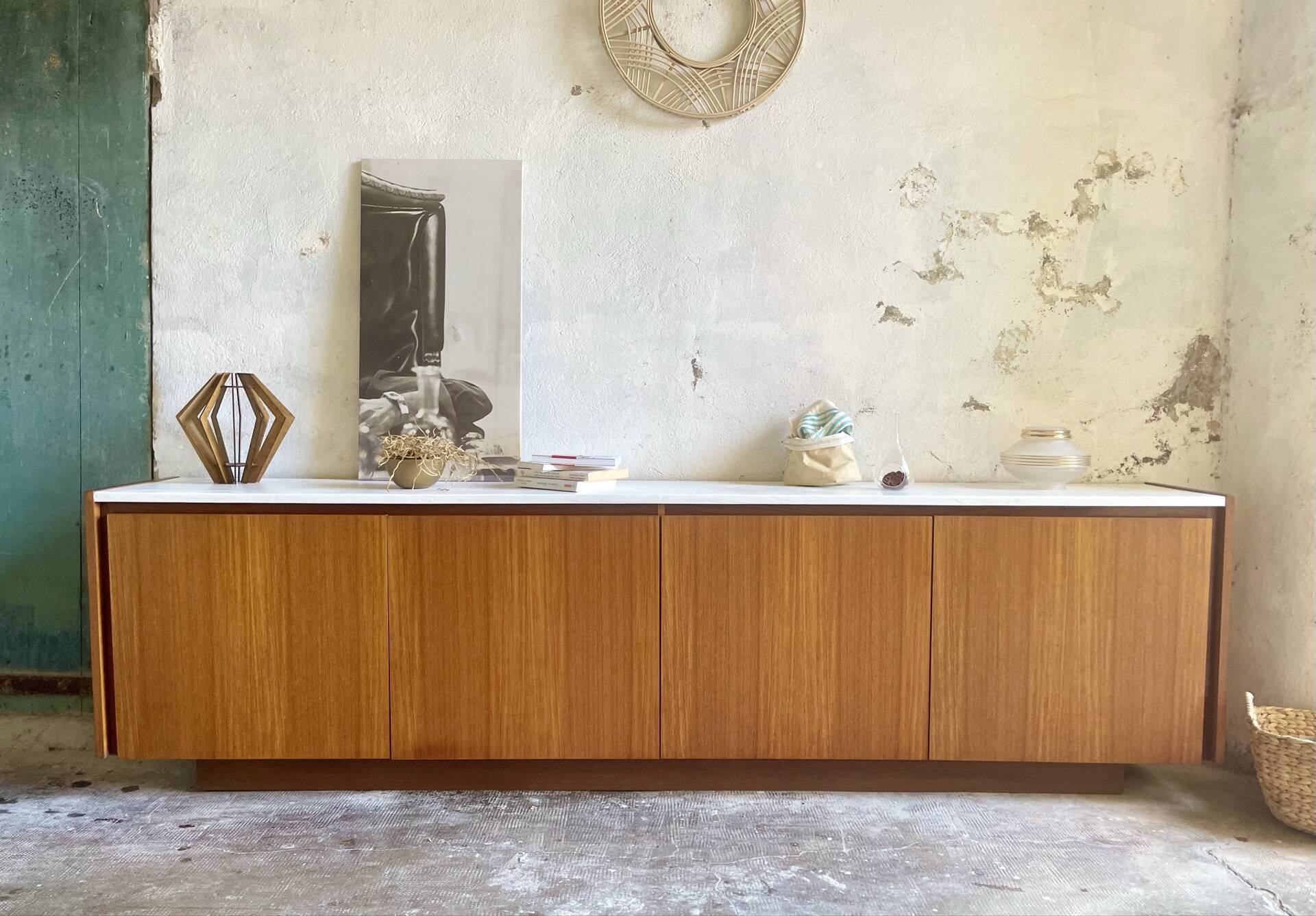 Large vintage sideboard 248 cm – wood & white mineral concrete top –