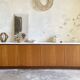Large vintage sideboard 248 cm – wood & white mineral concrete top –