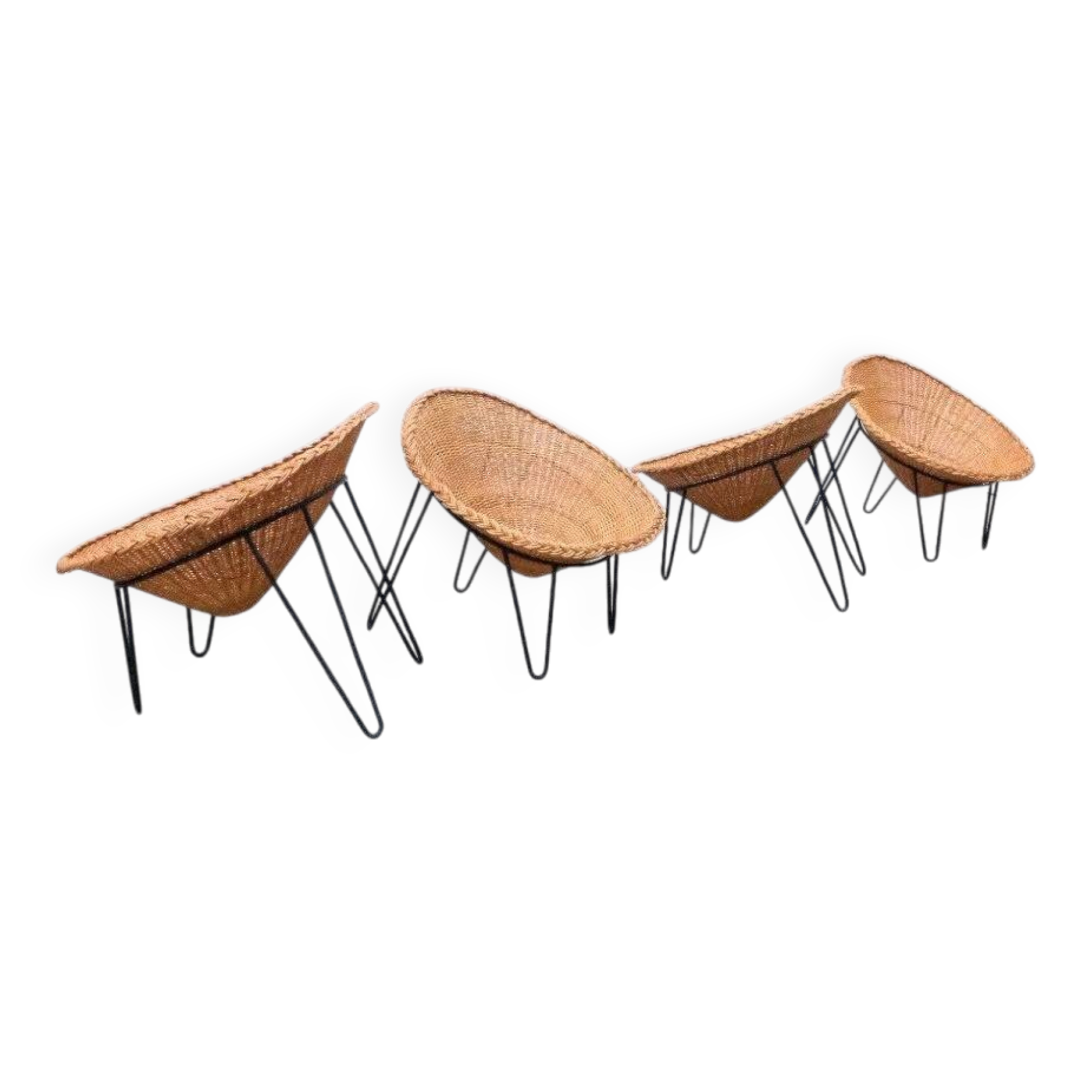 Set of 4 rattan and metal armchairs, France 1950