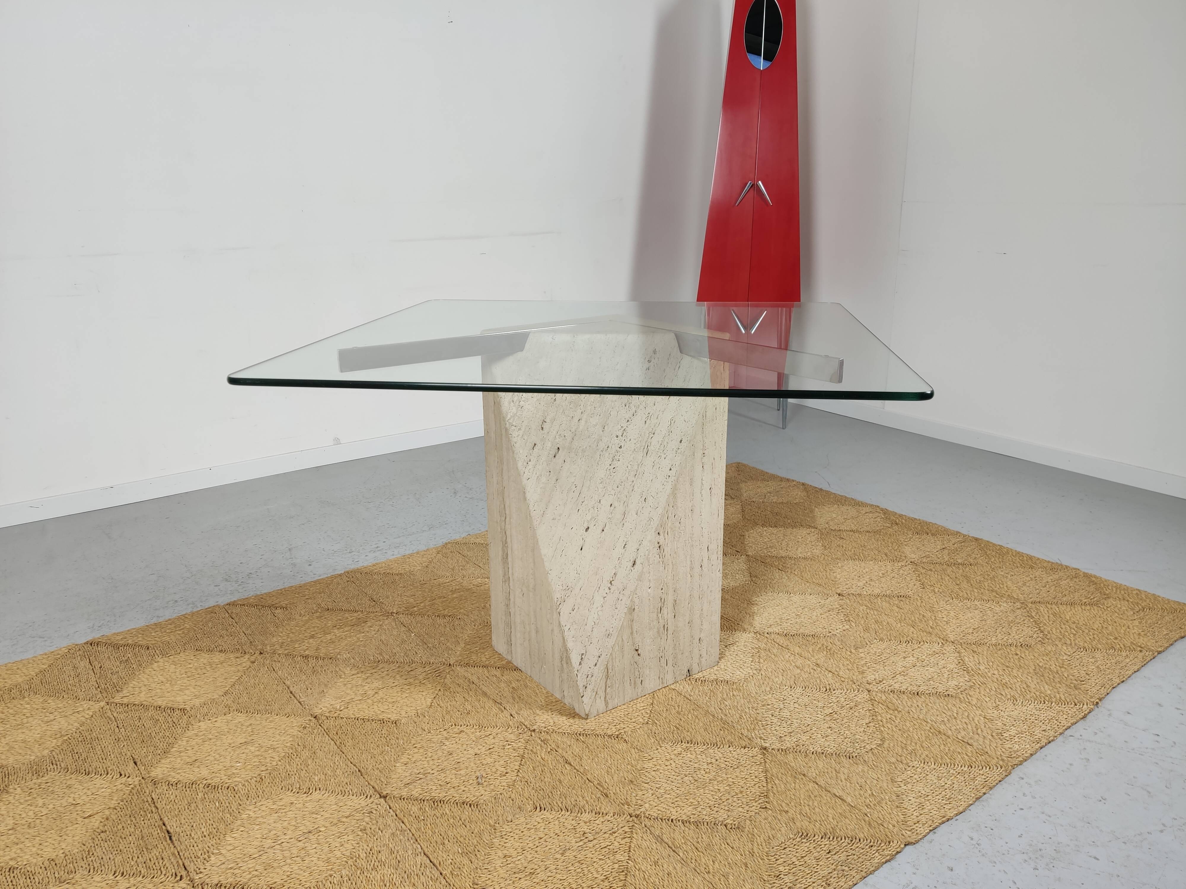 square dining table in travertine and glass , 80s