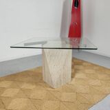 square dining table in travertine and glass , 80s