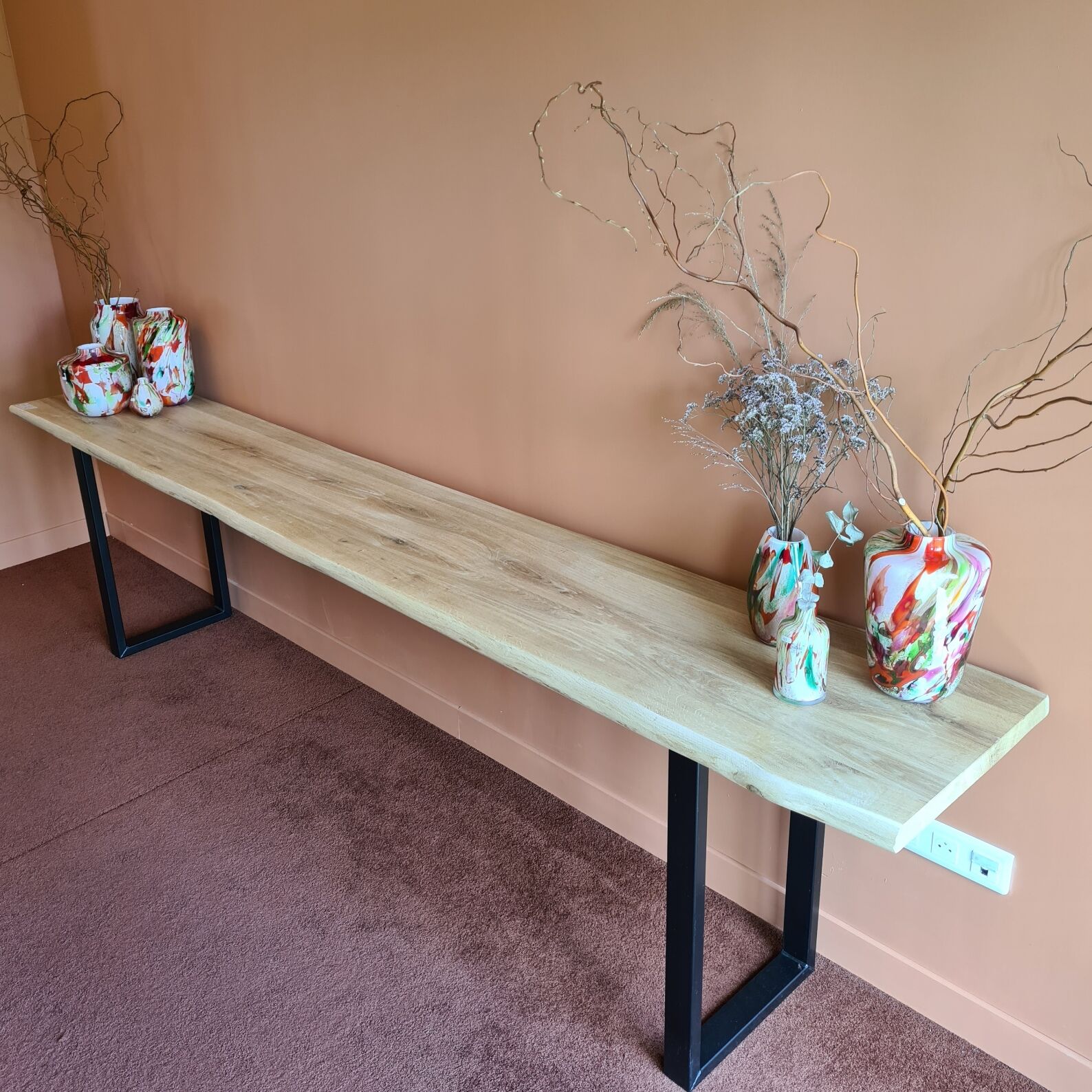 Console 3m x 50 cm solid oak and metal feet in U