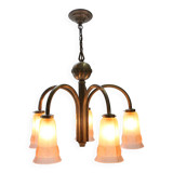Art Deco chandelier with etched pink glass shades, Belgium 1930s