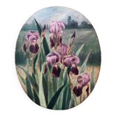 HST painting (oval frame) Iris flowers in a field 19th century
