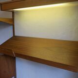 Modular 3-compartment teak wall shelving system with desk and lighting by Kai Kristiansen for FM, Denmark, 1960s