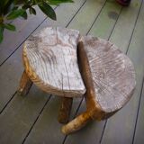 Pair of brutalist tripod stools in grayed pine. France, 1950s