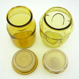 2 amber yellow glass jars - apothecary style pots - vintage 70s