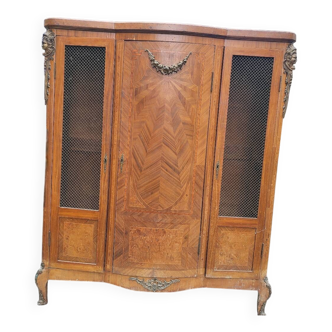 Antique curved piece of furniture in marquetry wood with figurative bronzes – late 19th century