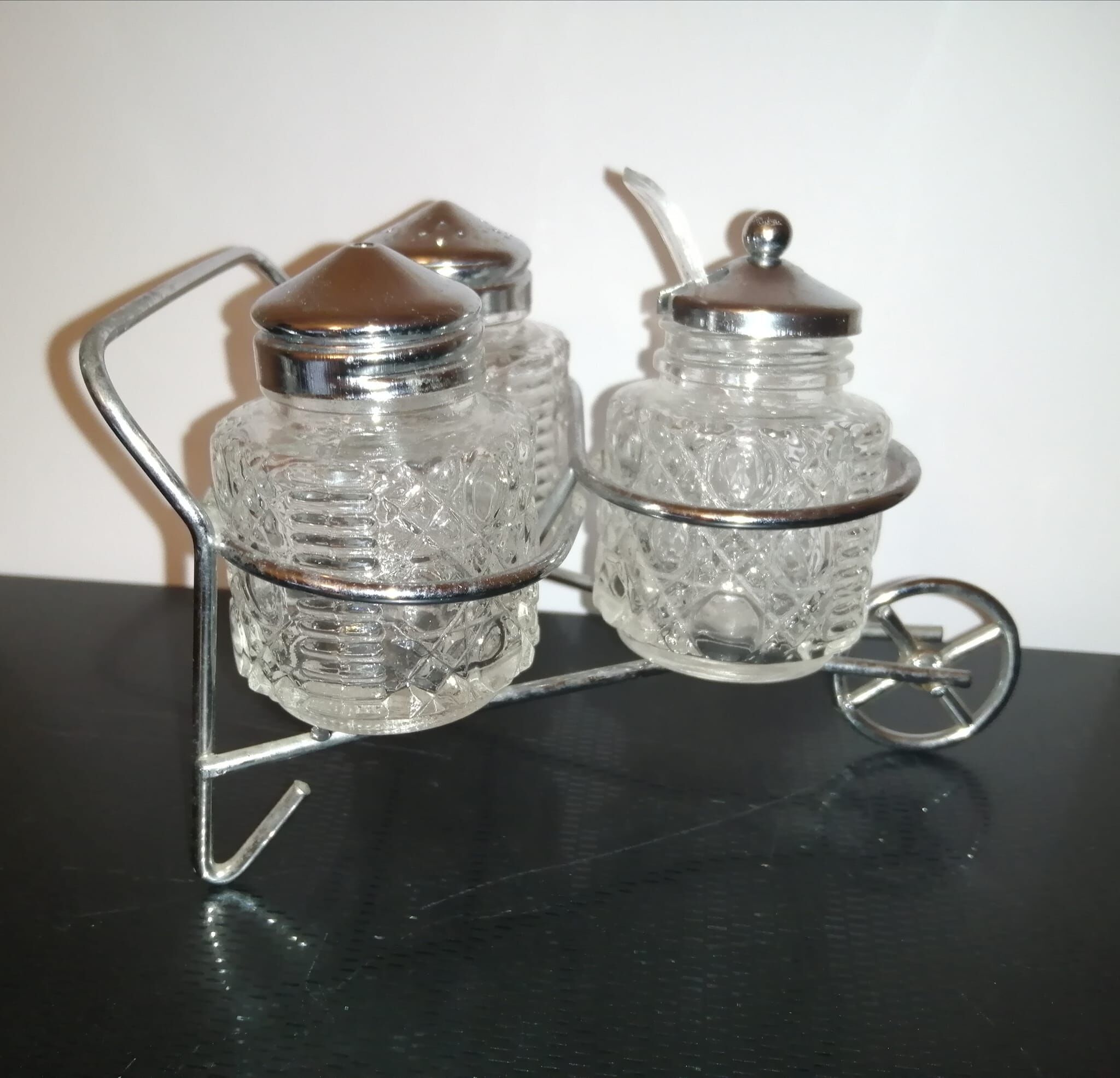 Salt, pepper and vintage mustard maker.