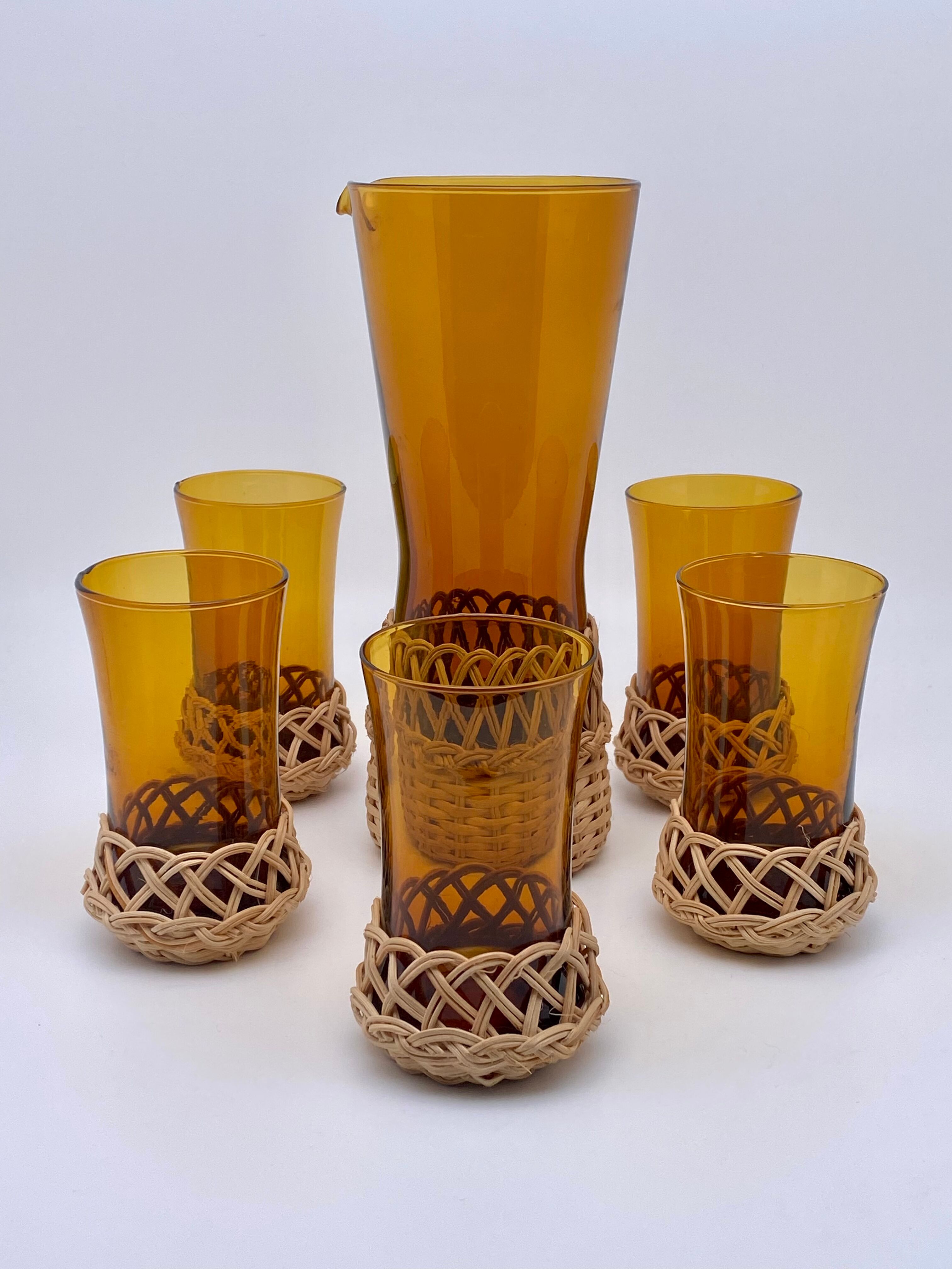 Amber glass and raffia 50's glass and pitcher set