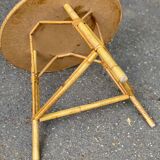 Table basse vintage ronde cuir rotin et bambou