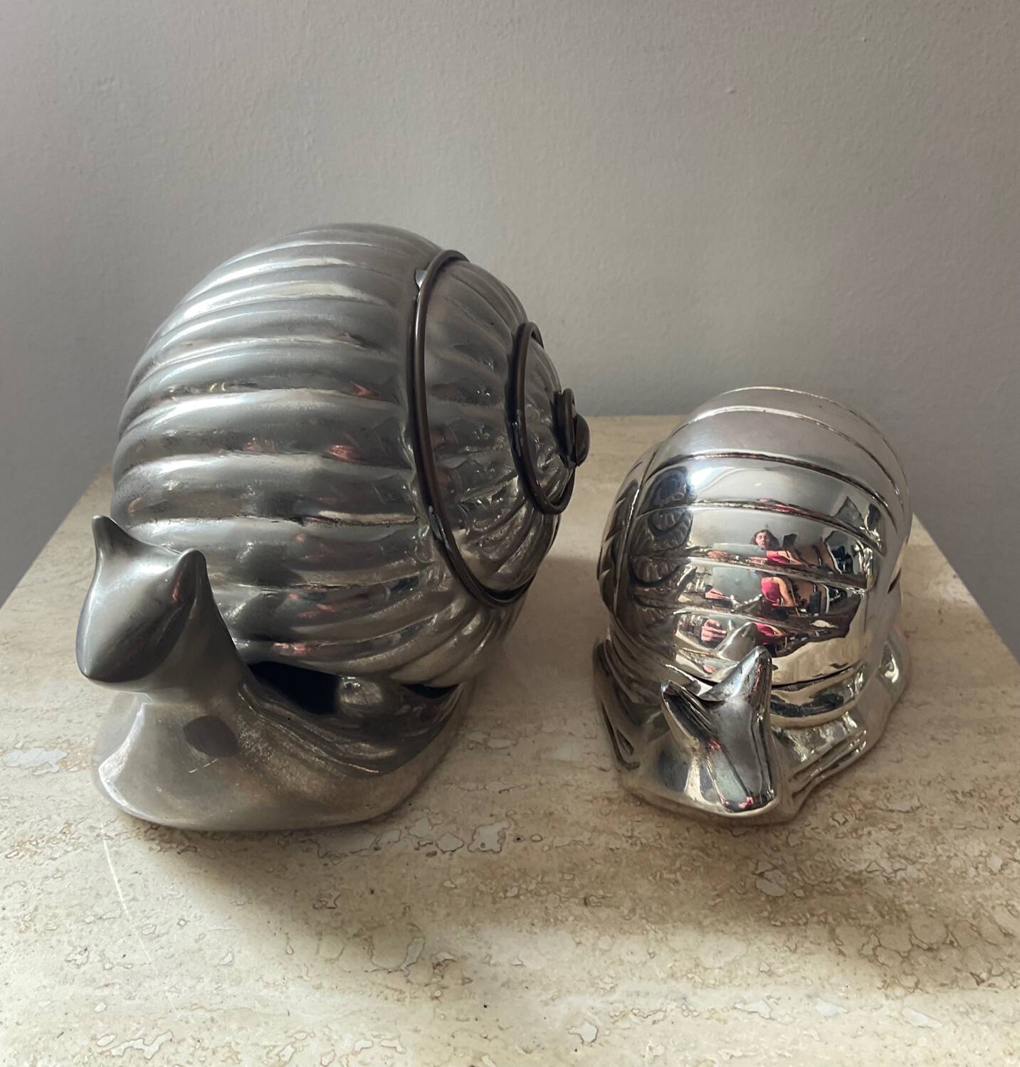 Duo vintage snail jewelry boxes in silver metal