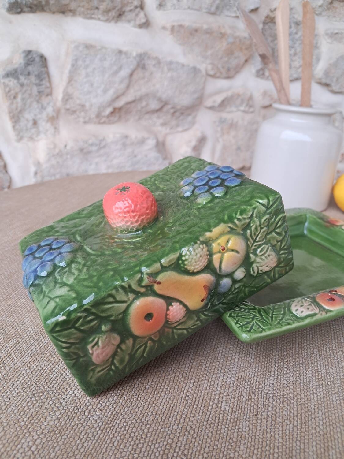 Antique butter dish in slip