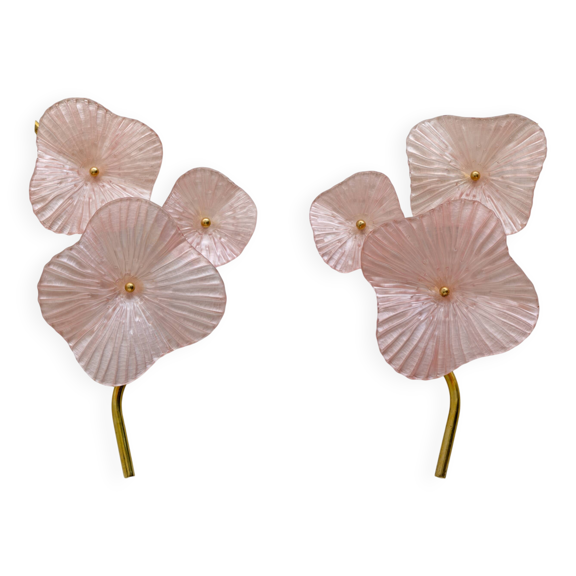 Pair of pearly pink Murano glass and brass wall lights