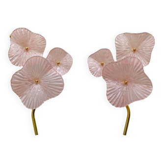 Pair of Modern Murano Artistic Glass Pearly Pink and Brass Sconces