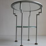 Postmodern round glass  and steel side table, 1980s.
