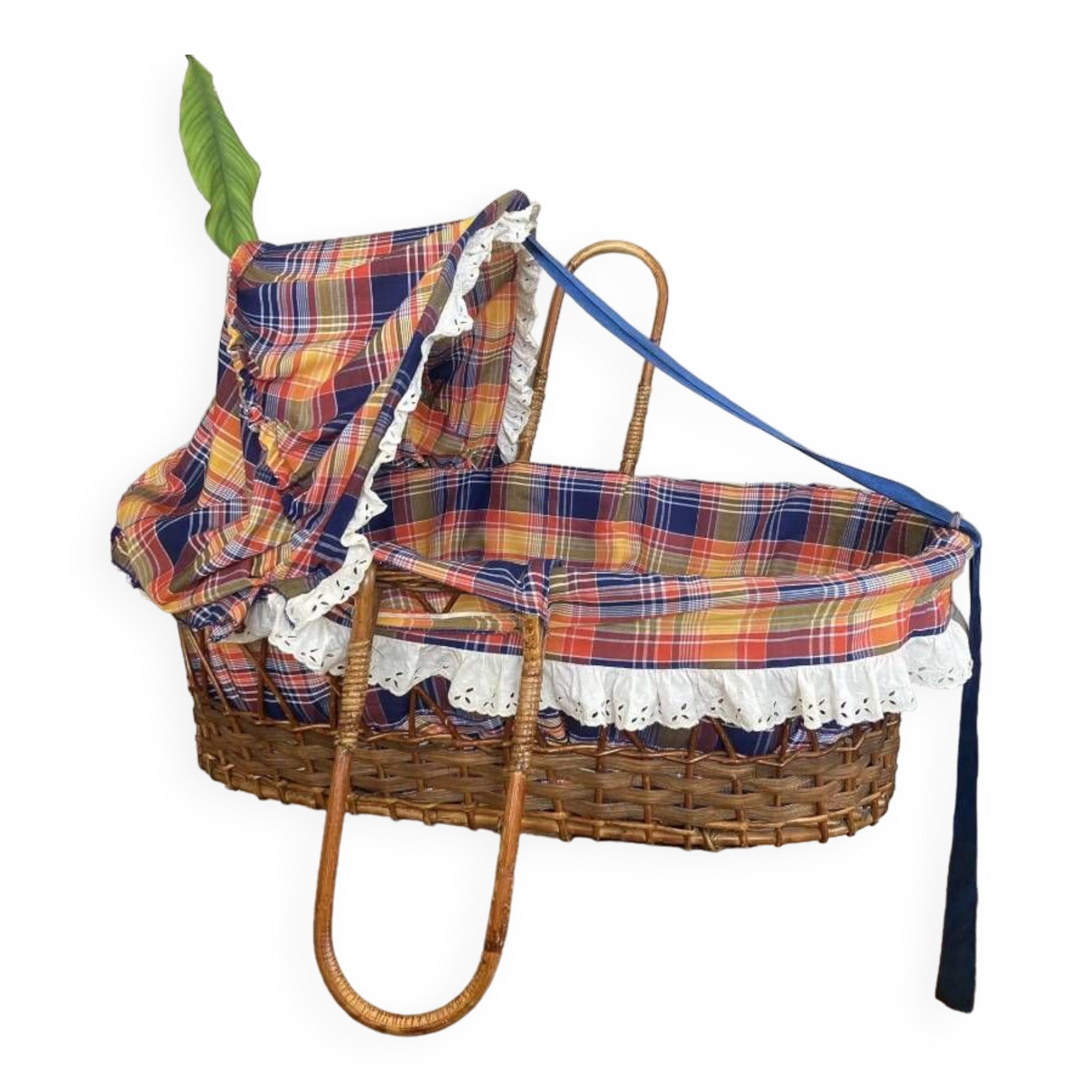 1970s wicker rattan portable bassinet cradle complete with bedding