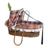 1970s wicker rattan portable bassinet cradle complete with bedding