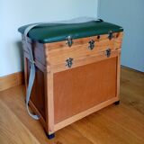 Fishing stool chest in wood and green skaï