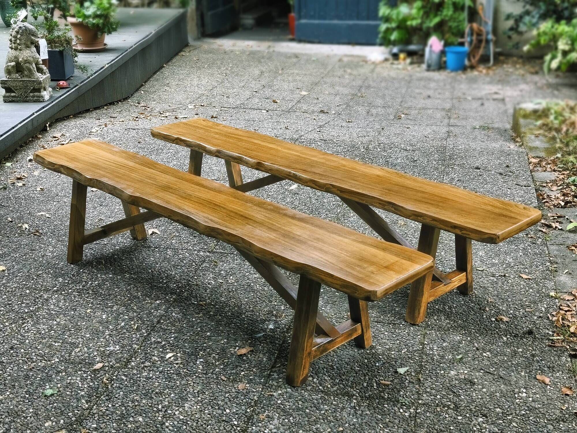 Pair of brutalist benches in solid blond elm by Aranjou, France, 1970s