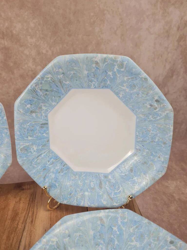 Set of 4 vintage blue marbled Arcopal deep plates.