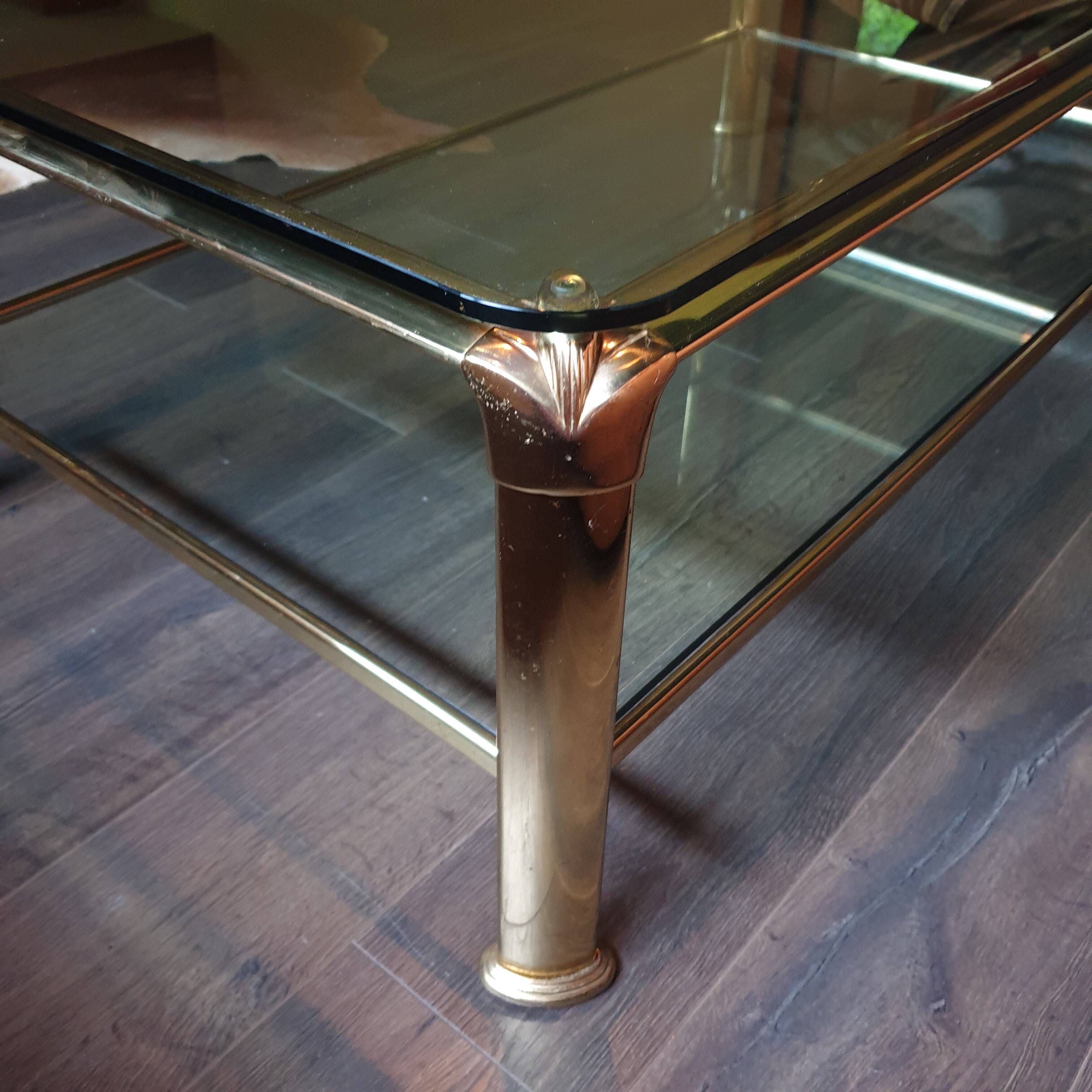Vintage brass and glass coffee table, Italian, 70s Hollywood Regency style