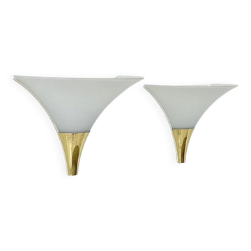 Vintage pair of wall lights, Limburg, opaline and brass, Germany, 1970.