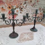 Set of 2 candlesticks 3 bobèches in patinated brass vert-de-gris